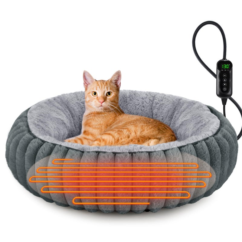 INVENHO Heated Cat Beds for Indoor Cats and Small Dogs, 20" Cozy Donut Heated Pet Bed with Timer & Temp Adjustable, Removable Waterproof Electric Warming Bed for Indoor Cat - Image 1