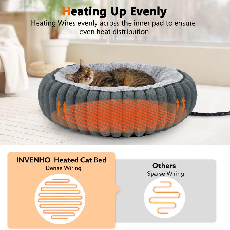 INVENHO Heated Cat Beds for Indoor Cats and Small Dogs, 20" Cozy Donut Heated Pet Bed with Timer & Temp Adjustable, Removable Waterproof Electric Warming Bed for Indoor Cat - Image 2