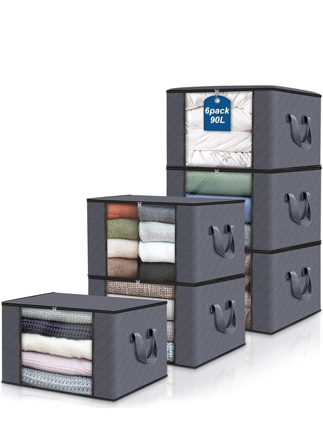 DUNISO 6-Piece Large Capacity Storage Box for Clothes Foldable Blanket Storage Bags Closet Organizer Storage Containers with Lids and Handle, Clear Window for Blankets ,Clothes, Bedding.(Grey)90L - Image 1
