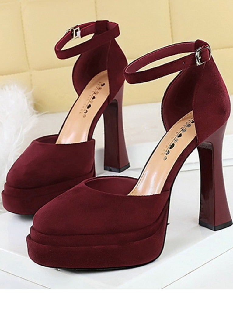 BIGTREE Womens Platform Chunky High Heels Round Closed Toe With Ankle Strap Pumps Wine Red 11.5CM - Image 1