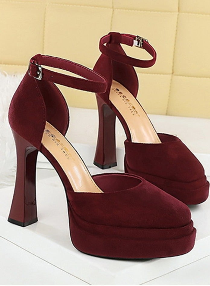 BIGTREE Womens Platform Chunky High Heels Round Closed Toe With Ankle Strap Pumps Wine Red 11.5CM - Image 2