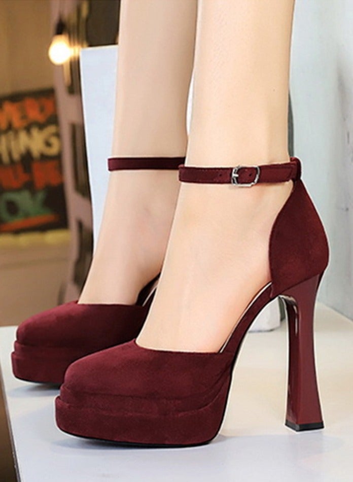 BIGTREE Womens Platform Chunky High Heels Round Closed Toe With Ankle Strap Pumps Wine Red 11.5CM - Image 3