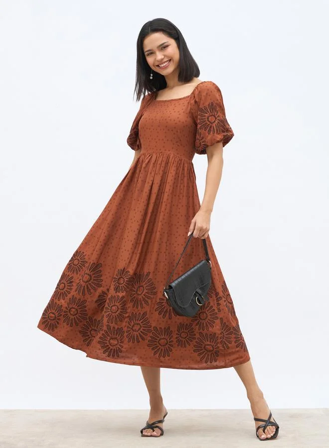 Styli Styli Embroidered Puff Sleeves A-Line Midi Dress