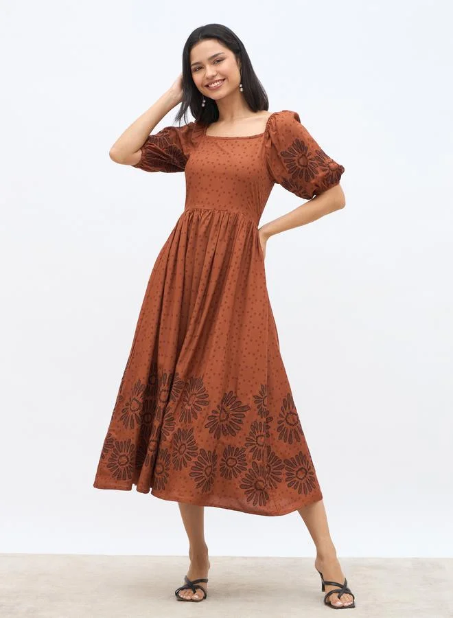 Styli Styli Embroidered Puff Sleeves A-Line Midi Dress