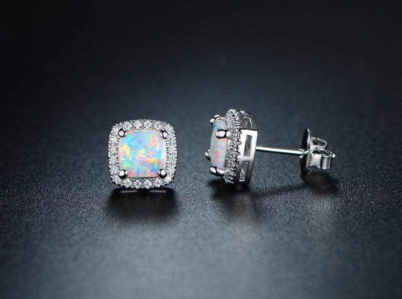 Barzel 18K White Gold Plated Created Opal Stud Earrings for Women (White Gold Opal) - Image 4