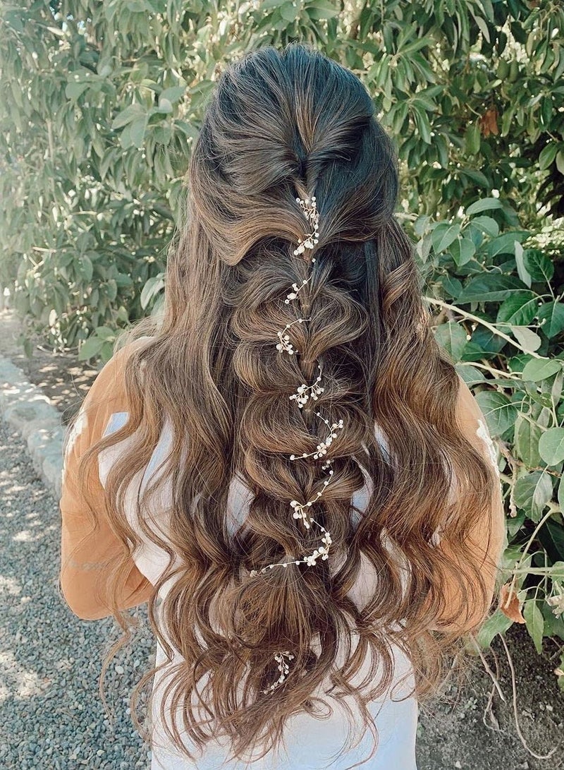 Excefore شعر زفاف الزفاف الكرمة طويلة جدًا من اللؤلؤ والخرز الكريستالي قطعة رأس إكسسوارات عصابة رأس مجوهرات، فضي - Image 3