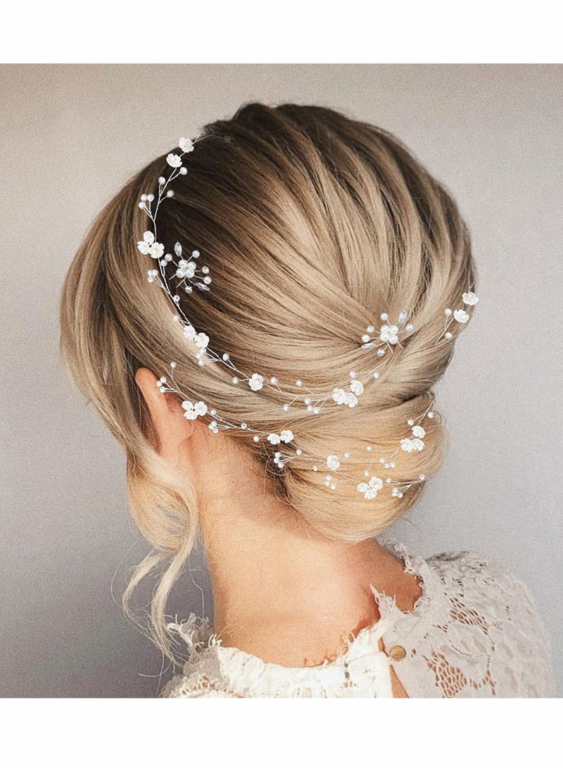 Excefore شعر زفاف الزفاف الكرمة طويلة جدًا من اللؤلؤ والخرز الكريستالي قطعة رأس إكسسوارات عصابة رأس مجوهرات، فضي - Image 1