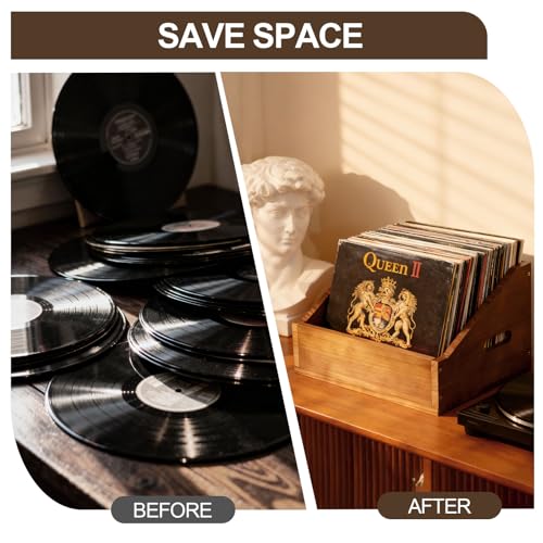 DNTYUISS Wooden Vinyl Record Storage Crate, Large-Capacity Retro Record Holder Box for 60+ LP Albums, Durable Solid Wood Vinyl Organizer with Handles, Record Storage Case for Home Decor & Collector Display - Image 5