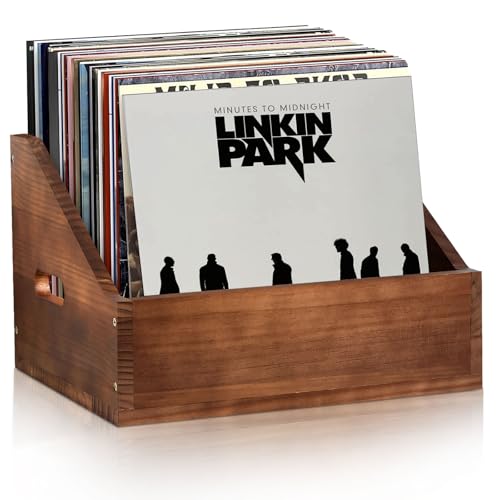 DNTYUISS Wooden Vinyl Record Storage Crate, Large-Capacity Retro Record Holder Box for 60+ LP Albums, Durable Solid Wood Vinyl Organizer with Handles, Record Storage Case for Home Decor & Collector Display - Image 1