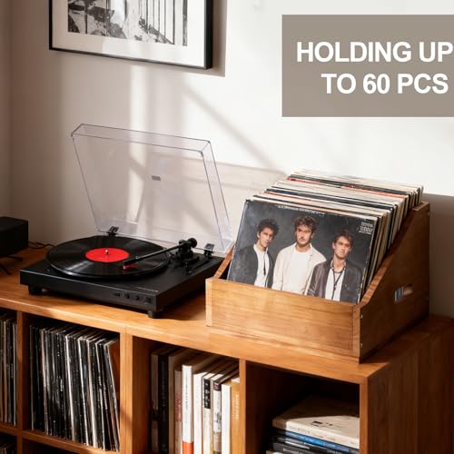 DNTYUISS Wooden Vinyl Record Storage Crate, Large-Capacity Retro Record Holder Box for 60+ LP Albums, Durable Solid Wood Vinyl Organizer with Handles, Record Storage Case for Home Decor & Collector Display - Image 3