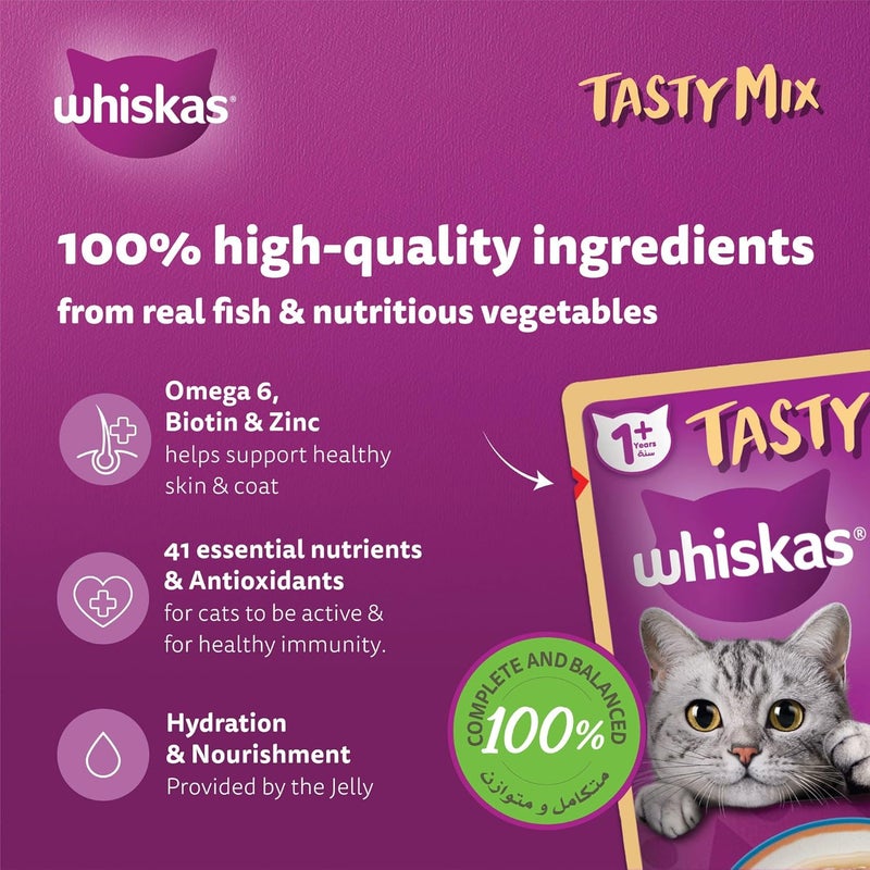 Whiskas Tasty Mix Wet Cat Eat, Tuna & Salmon with Spinach in Jelly, Pack of 4 x 70g Wet Cat Food for Adult Cats - Image 3