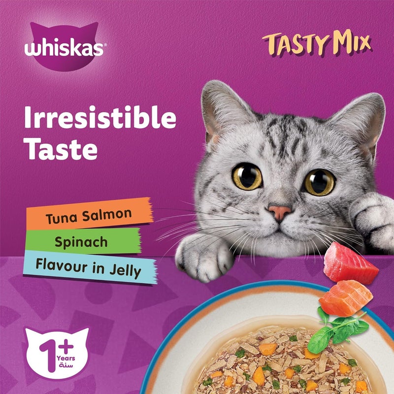 Whiskas Tasty Mix Wet Cat Eat, Tuna & Salmon with Spinach in Jelly, Pack of 4 x 70g Wet Cat Food for Adult Cats - Image 2