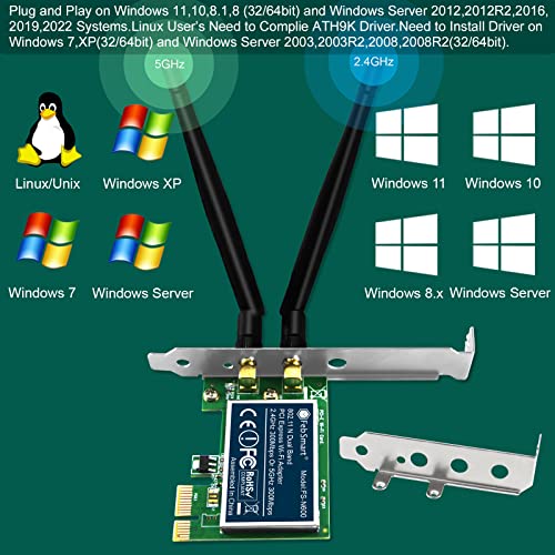 FebSmart Wireless N Dual Band 600Mbps (2.4GHz 300Mbps or 5GHz 300Mbps) PCIE WiFi Adapter for Windows 11, 10, 8.x, 7, XP (32/64bit) and Windows Server Desktop PCs, 2X2 MIMO PCIE WiFi Card (FS-N600) - Image 4