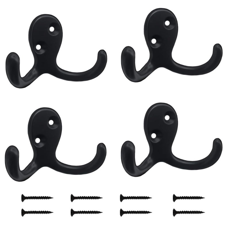 Kruodop 4 Pack Wall Hooks Wall Mounted Coat Hooks for Hanging Heavy Duty Black Towel Hooks Metal Double Coat Hanger with Screws Cup Retro for Coats Handbags Towels Hat