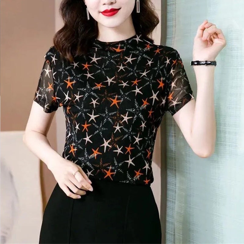 Middle-Aged Mother Large Size Sleeve Short Round Neck Thin Fashionable Stylish Printed All-Match Shirt Base-Shirt T-Shirt - Image 1