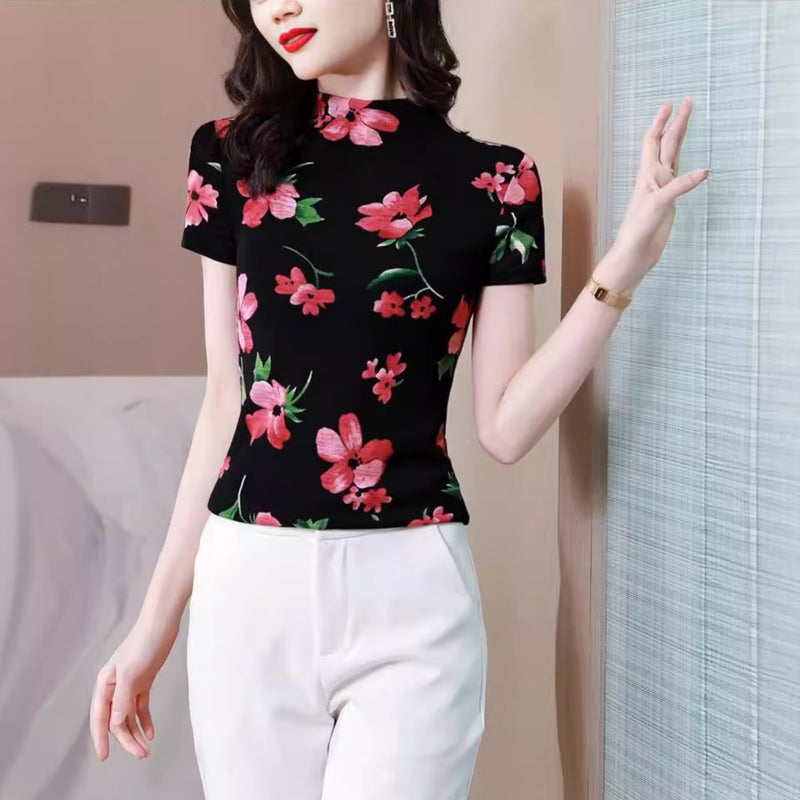 Middle-Aged Mother Large Size Sleeve Short Round Neck Thin Fashionable Stylish Printed All-Match Shirt Base-Shirt T-Shirt - Image 3