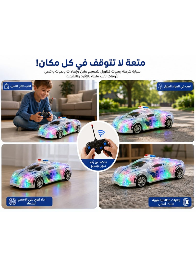 JCX Light-Up RC Police Race Car - 1:18 Scale Transparent Body with Multi-Color LED Lights, Realistic Sirens Sound Effects, and Rubber Tires - Image 3