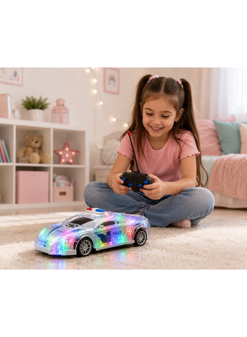JCX Light-Up RC Police Race Car - 1:18 Scale Transparent Body with Multi-Color LED Lights, Realistic Sirens Sound Effects, and Rubber Tires - Image 1
