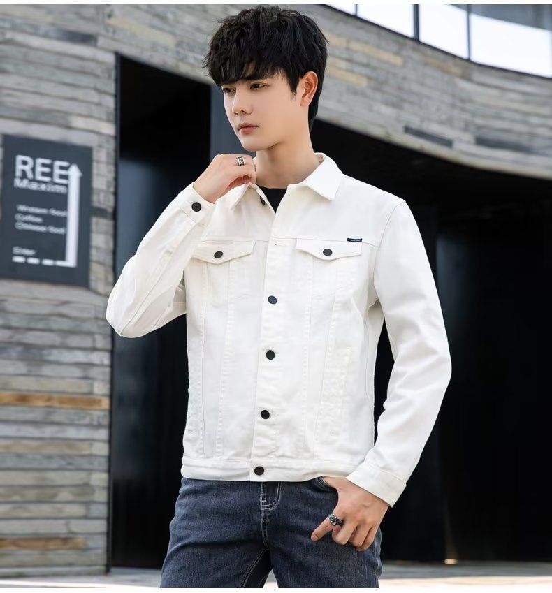 Trendy Mens Denim Jacket Casual Spring Autumn Cotton White  - Image 3