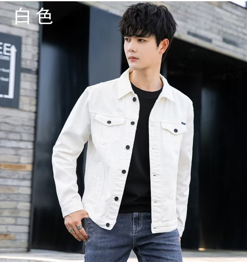 Trendy Mens Denim Jacket Casual Spring Autumn Cotton White  - Image 1