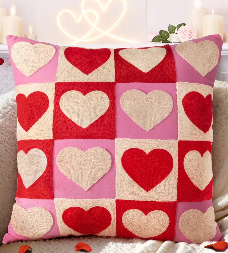 Kokaaee Valentines Pillow Cover 18x18 Inch - Embroidered Valentines Day Red White Hearts Design Throw Pillow Cover Decorations Soft Cushion Case Home Decor for Couch, Sofa, or Bed(1 Pack) - Image 1