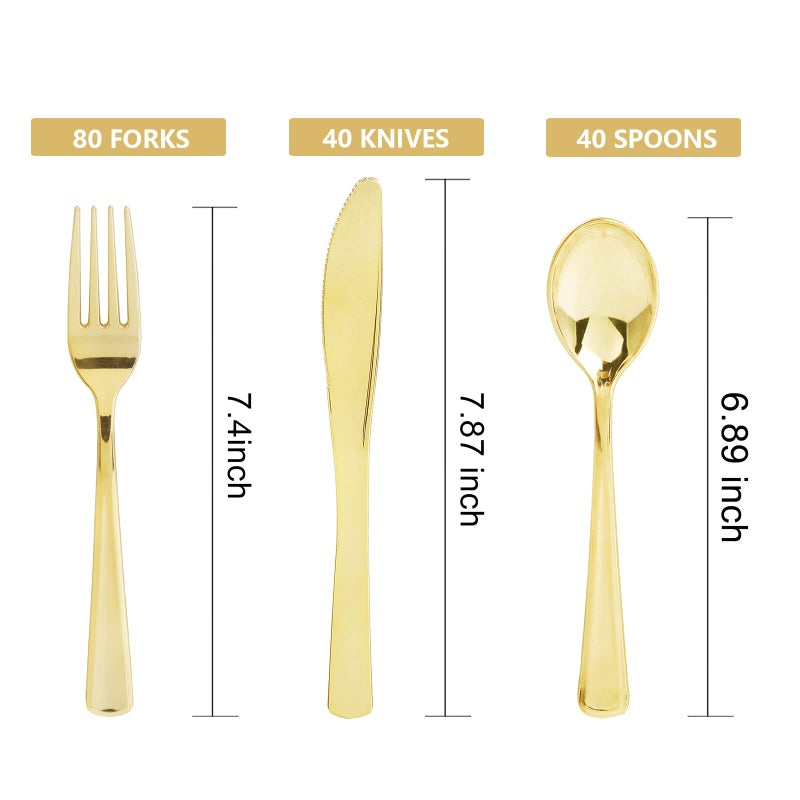 WDF 160 Piece Gold Plastic Silverware - Heavy Duty Gold Silverware Includes 80 Gold Forks  40 Gold Spoons  40 Gold Knives  Gold Plastic Utensils Perfect for Wedding  Party - Image 1