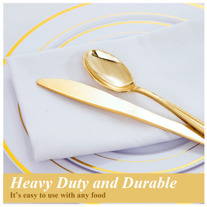 WDF 160 Piece Gold Plastic Silverware - Heavy Duty Gold Silverware Includes 80 Gold Forks  40 Gold Spoons  40 Gold Knives  Gold Plastic Utensils Perfect for Wedding  Party - Image 3