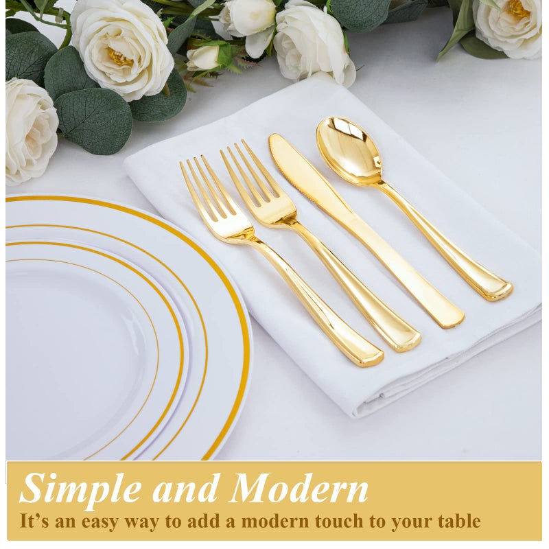 WDF 160 Piece Gold Plastic Silverware - Heavy Duty Gold Silverware Includes 80 Gold Forks  40 Gold Spoons  40 Gold Knives  Gold Plastic Utensils Perfect for Wedding  Party - Image 2