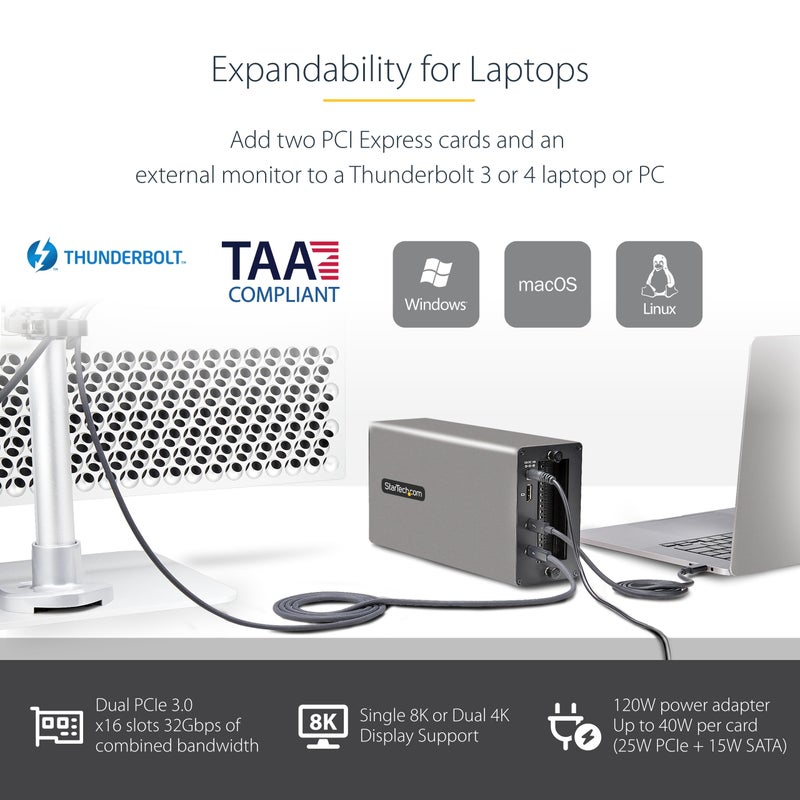 StarTech.com Thunderbolt 3 PCIe Expansion Chassis, External Enclosure W/Dual PCI Express Slots, PCIe Box for Laptops/Desktops/All-in-Ones, 8K/4K Output Via TB3/DP 1.4 , TAA (2TBT3-PCIE-ENCLOSURE) - Image 2