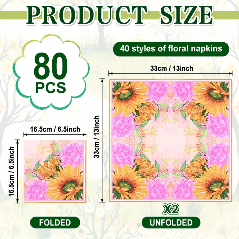 Draupnir 80 Pack 40 Styles Assorted Floral Napkins, Decorative Decoupage Napkins Cocktail Floral Paper 13'' for Birthday DIY Crafting Wedding Party - Image 2