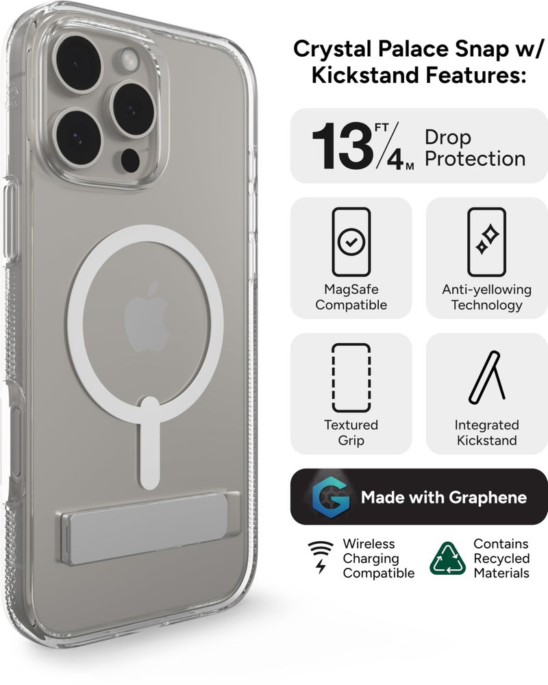 ZAGG Crystal Palace Snap with Kickstand Case for iPhone 16 Pro Max - MagSafe & Wireless Charging Compatible, Survives Drops Up to 13ft, Textured Grip, Eco-Friendly, Clear - Image 3