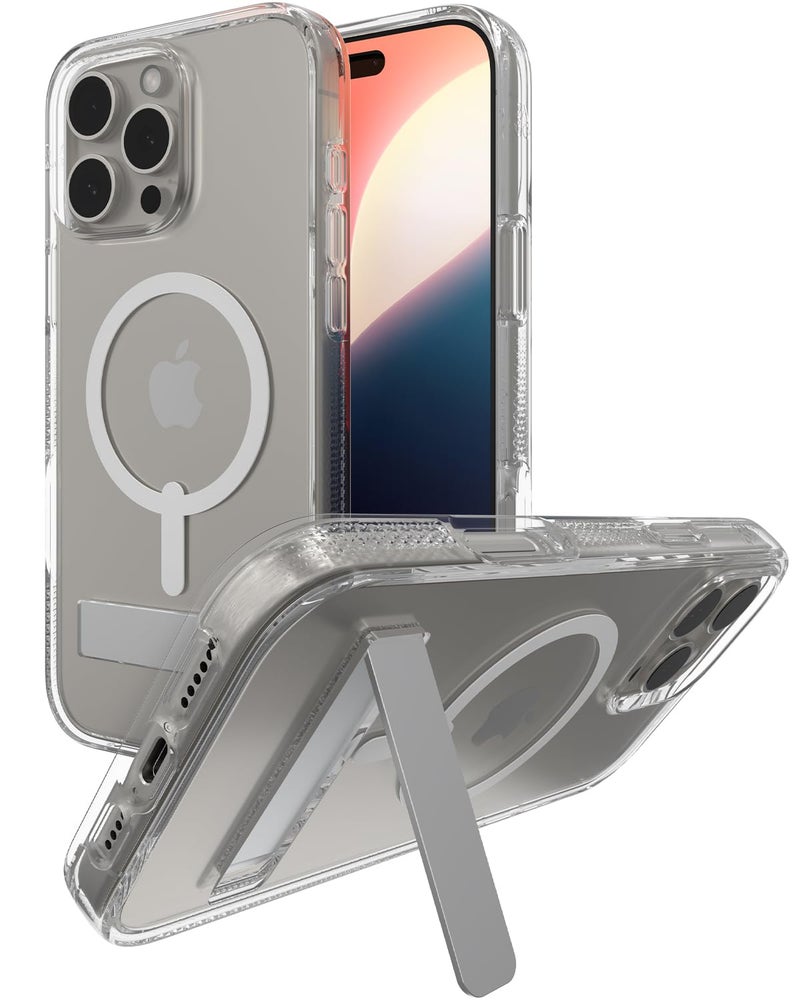 ZAGG Crystal Palace Snap with Kickstand Case for iPhone 16 Pro Max - MagSafe & Wireless Charging Compatible, Survives Drops Up to 13ft, Textured Grip, Eco-Friendly, Clear - Image 1