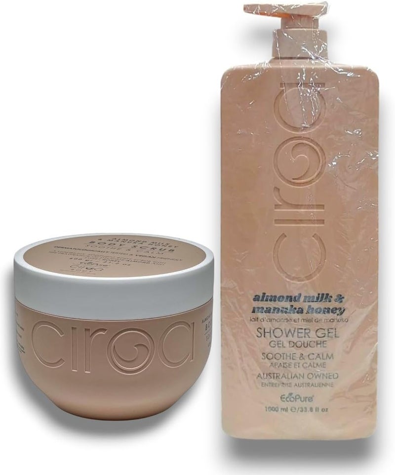 Cr Almond Milk Manuka Honey Shower Gel 1000mL and Body Scrub 600g Set Soothe Calm Australian Owned For Smoother Softer Skin