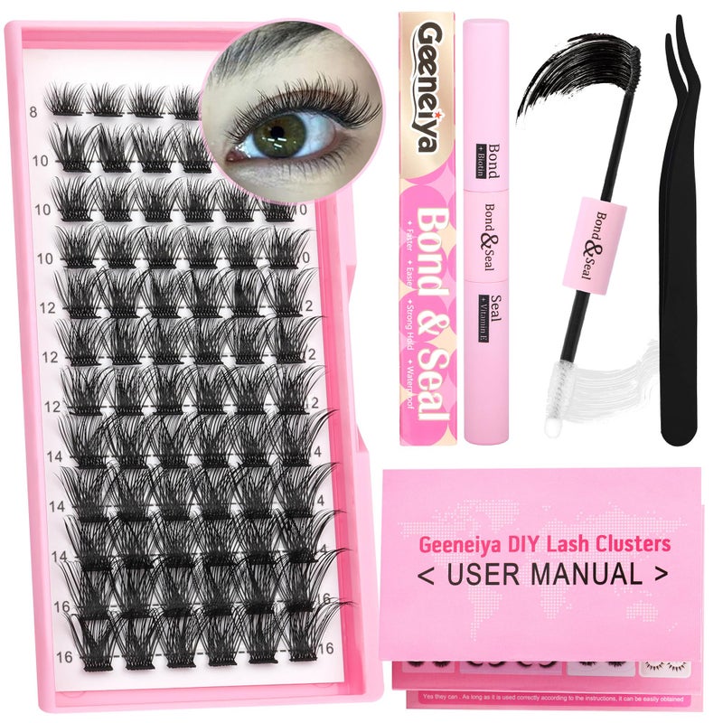 Geeneiya DIY Lash Extension Kit 8-16MM Clusters Eyelash Extension Kit Lashes Clusters with Waterproof Lash Bond and Seal Glue and Individual Eyelash Tweezers DIY at Home for Beginners - Image 1