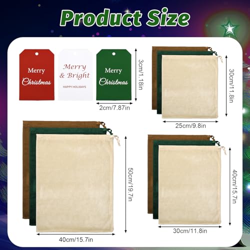 Sanwuta 9 Pcs Velvet Santa Bag with Drawstring Christmas Candy Gift Bag Velvet Santa Claus Pouches Reusable with Kraft Tags for Christmas Winter Birthday 197 x 157 157 x 118 118 x 98 - Image 3