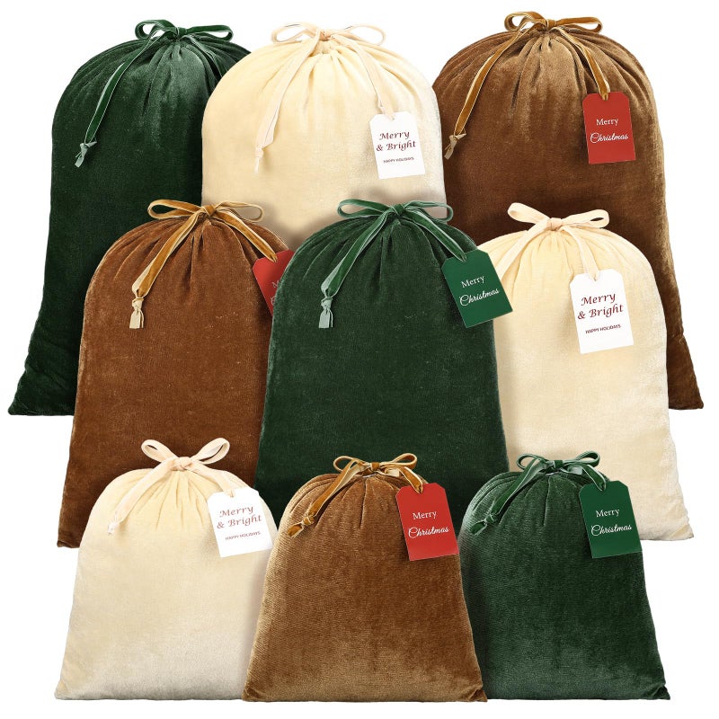 Sanwuta 9 Pcs Velvet Santa Bag with Drawstring Christmas Candy Gift Bag Velvet Santa Claus Pouches Reusable with Kraft Tags for Christmas Winter Birthday 197 x 157 157 x 118 118 x 98 - Image 2