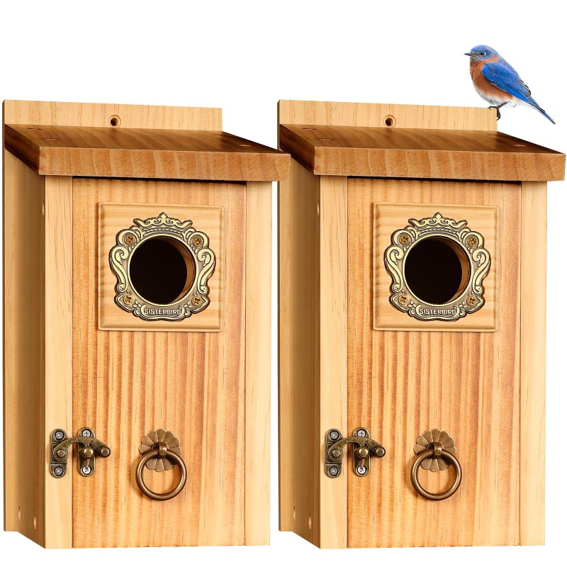 SISTERBIRD Premium Pack of 2 Bluebird Houses for Outside, Garden Bird Houses for Outdoor, Vintage Metal Predator Guard, Birdhouse Gift, Weatherproof Coating Bird Nesting, Assembly Required - Image 1