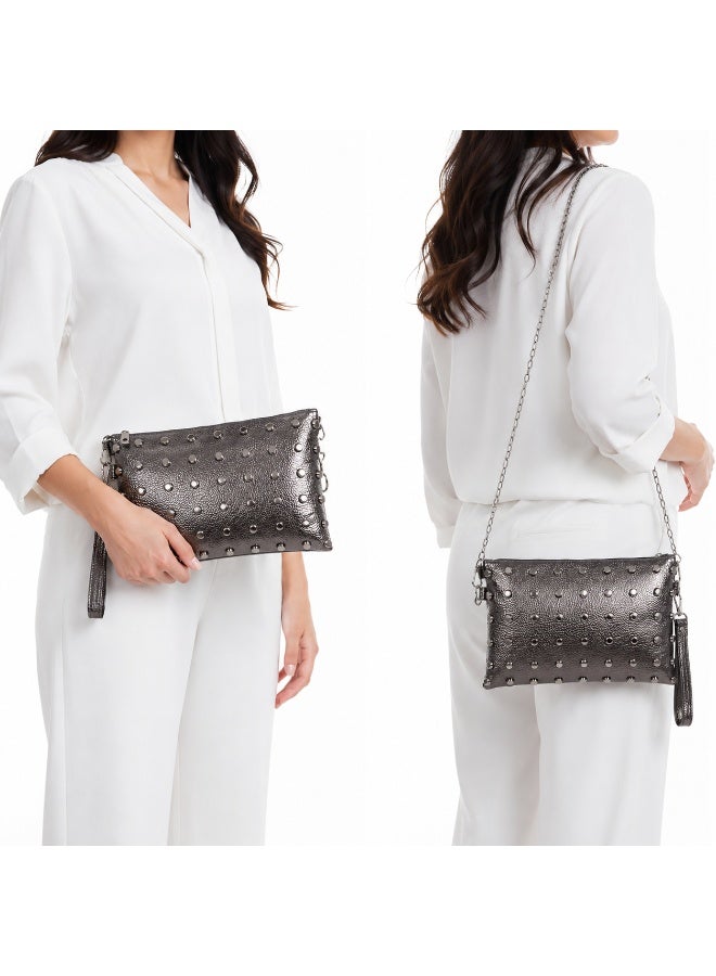 Women’s Studded Clutch Bag with Detachable Shoulder Chain and Wrist Strap, Zipper Evening Crossbody Purse - Image 1
