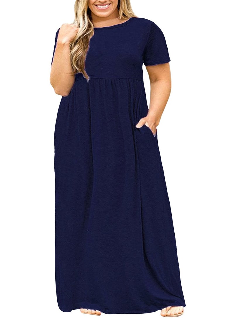 Nemidor Plus Size Maxi Dresses for Curvy Women Summer Casual Loose Short Sleeve Long Beach Dress with Pocket14920Navy