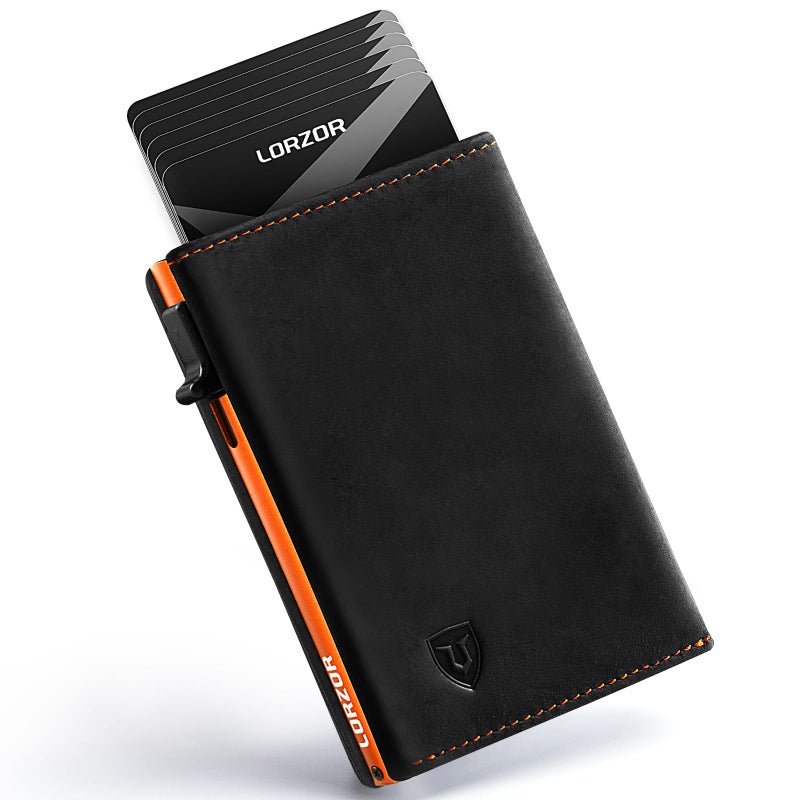 LORZOR Wallet for Men with Metal Card Holder, Pop Up Wallet, Finest Full Grain Leather Trifold Wallet, Smart, Minimalist, RFID Blocking, Front Pocket, ID Window, Black/Orange - Image 1