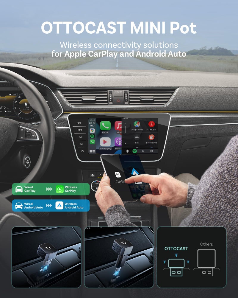 OTTOCAST Mini 3.0 (Pot) 2025 2-in-1 Wireless CarPlay/Android Auto Adapter, 5GHz WiFi, Auto Connect for 2016+ Cars - Image 2