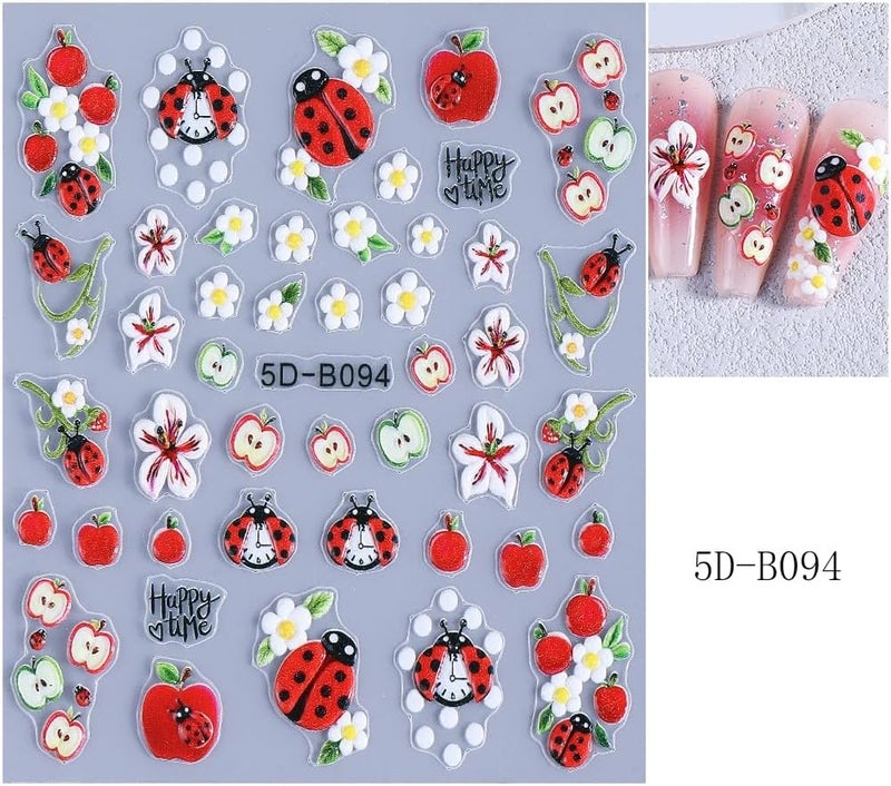 Sevgob Flower Nail Stickers 5D Embossed Tulip Cherry Nail Decals Colorful Floral Daisy Nail Designs Cute Cat Ladybug Nails Supplies Self Adhesive Spring Summer Decals Stickers for Women DIY Manicure 3Sheets - Image 4