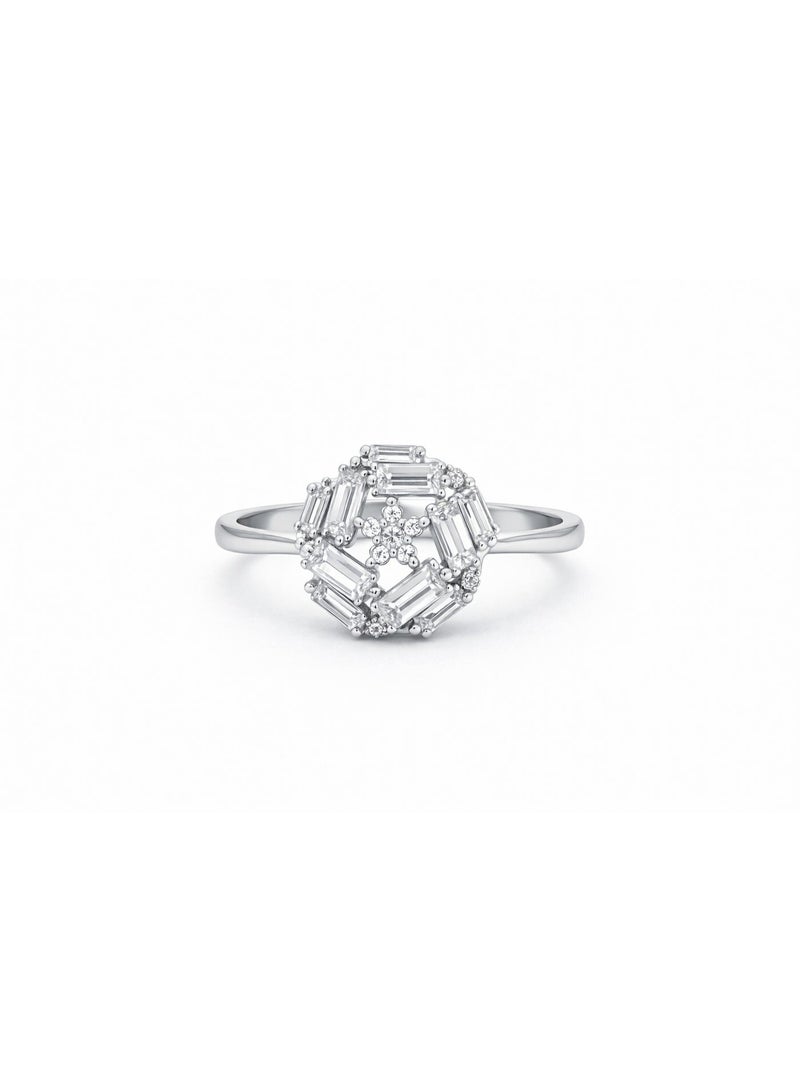 Fine Silver 925 Sterling Silver Women's Baguette and Round Zircon Flower Cluster Ring - Image 1