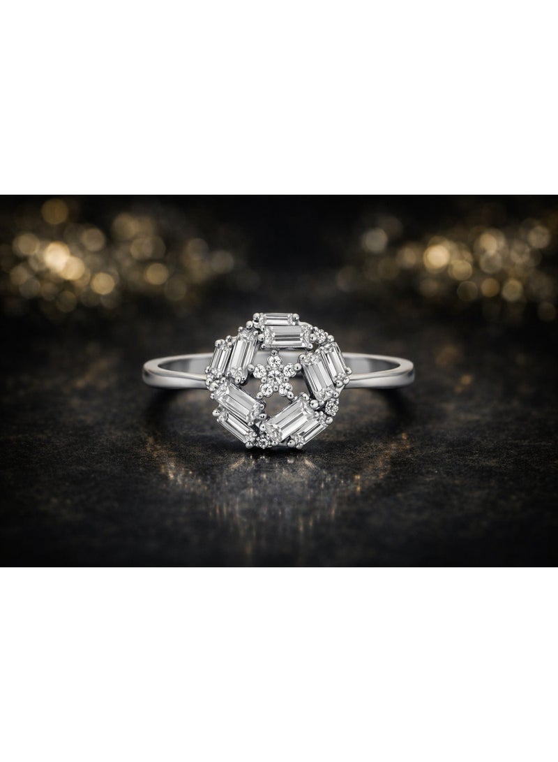 Fine Silver 925 Sterling Silver Women's Baguette and Round Zircon Flower Cluster Ring - Image 2