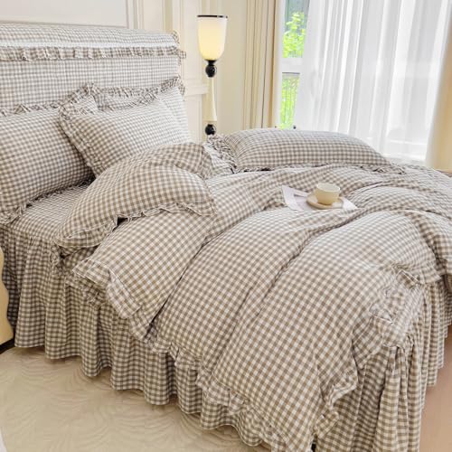mixinni Tan Gingham Ruffle Duvet Cover Queen Size 3 Pieces – 100% Washed Cotton, Vintage Plaid Ruffled Bedding Set with Zipper Ties, Soft Cream Checkered Grid Farmhouse Chic Comforter Cover Set - Image 5
