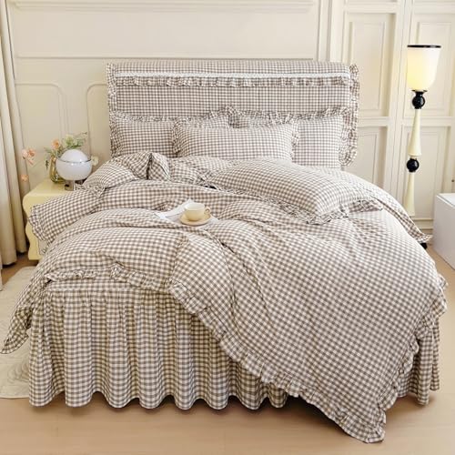mixinni Tan Gingham Ruffle Duvet Cover Queen Size 3 Pieces – 100% Washed Cotton, Vintage Plaid Ruffled Bedding Set with Zipper Ties, Soft Cream Checkered Grid Farmhouse Chic Comforter Cover Set - Image 1