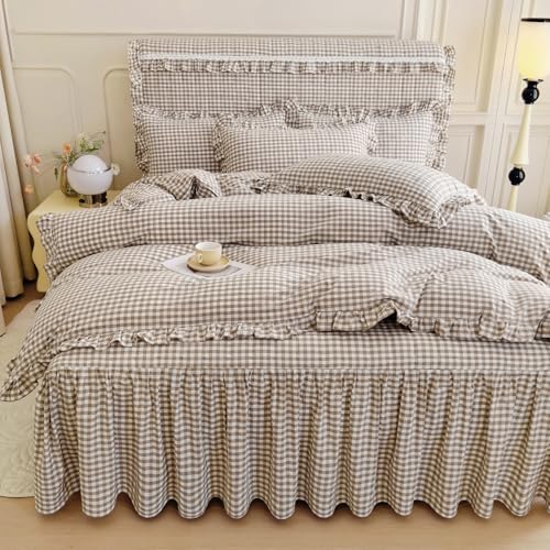 mixinni Tan Gingham Ruffle Duvet Cover Queen Size 3 Pieces – 100% Washed Cotton, Vintage Plaid Ruffled Bedding Set with Zipper Ties, Soft Cream Checkered Grid Farmhouse Chic Comforter Cover Set - Image 3
