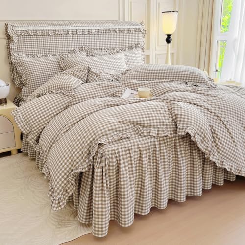 mixinni Tan Gingham Ruffle Duvet Cover Queen Size 3 Pieces – 100% Washed Cotton, Vintage Plaid Ruffled Bedding Set with Zipper Ties, Soft Cream Checkered Grid Farmhouse Chic Comforter Cover Set - Image 4