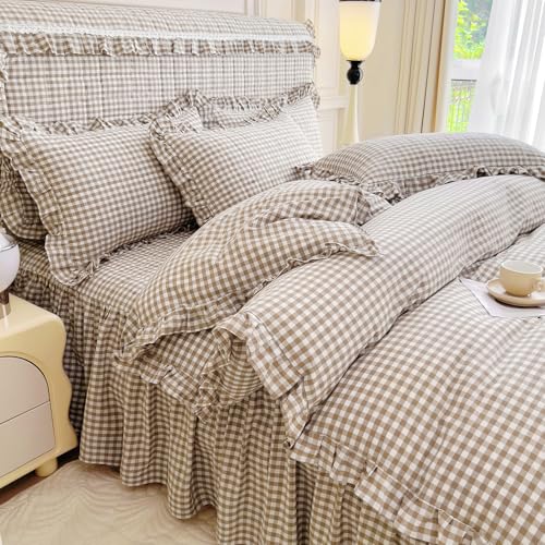 mixinni Tan Gingham Ruffle Duvet Cover Queen Size 3 Pieces – 100% Washed Cotton, Vintage Plaid Ruffled Bedding Set with Zipper Ties, Soft Cream Checkered Grid Farmhouse Chic Comforter Cover Set - Image 2