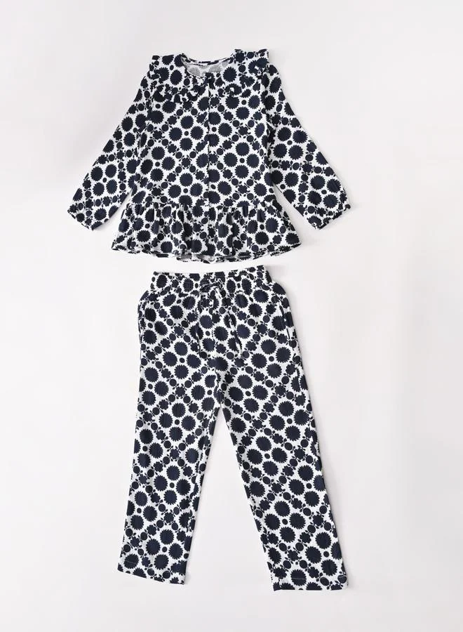 بيلا مودا Girls Multi-Color Printed Ruffle Details Shirt And Trousers Set